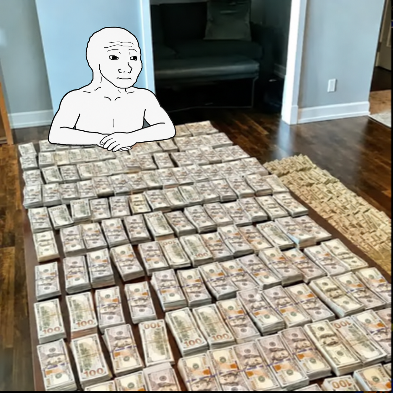 KimWojak launch artwork with a Wojak coin above a table of cash
