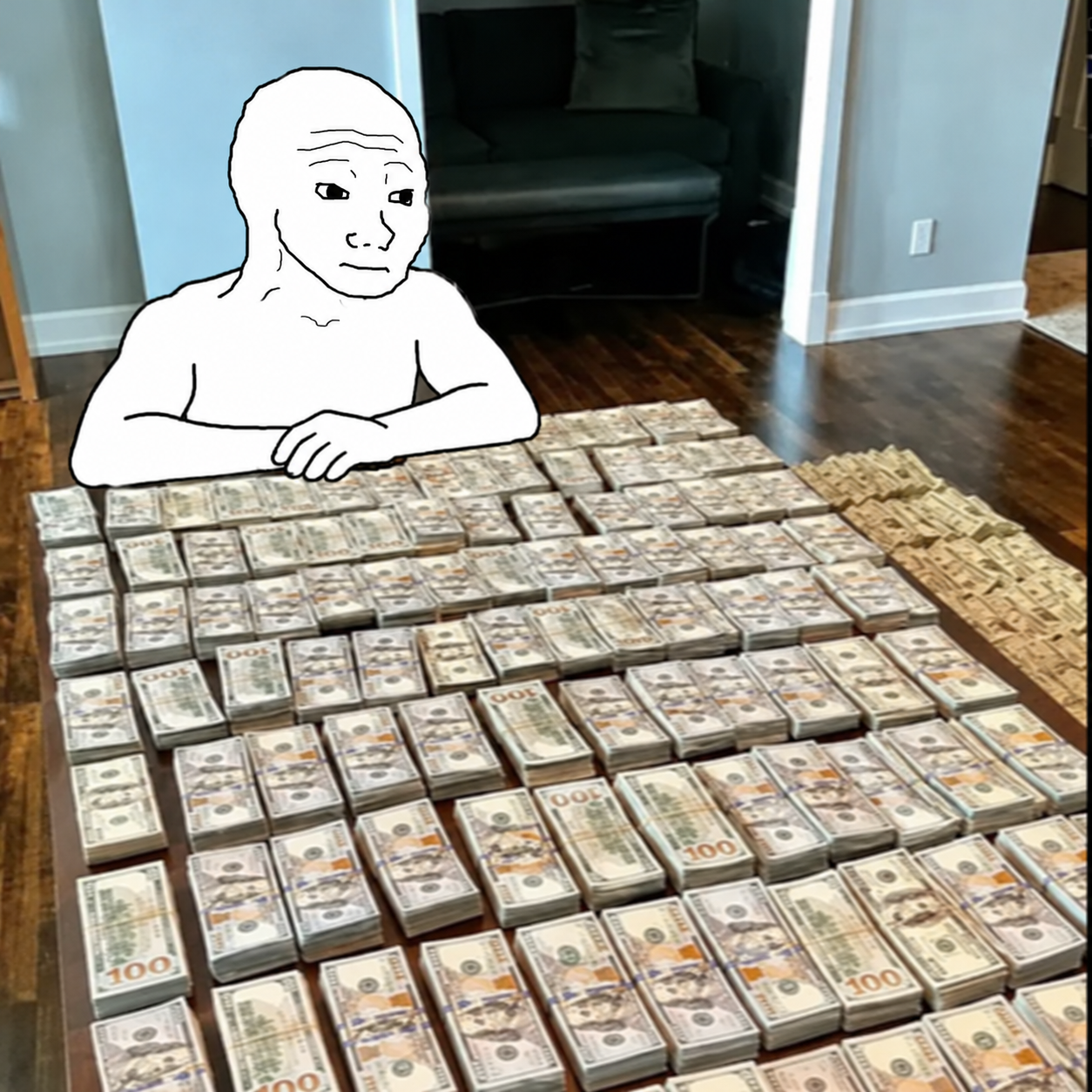 KimWojak seated on a throne of cash above a glowing city